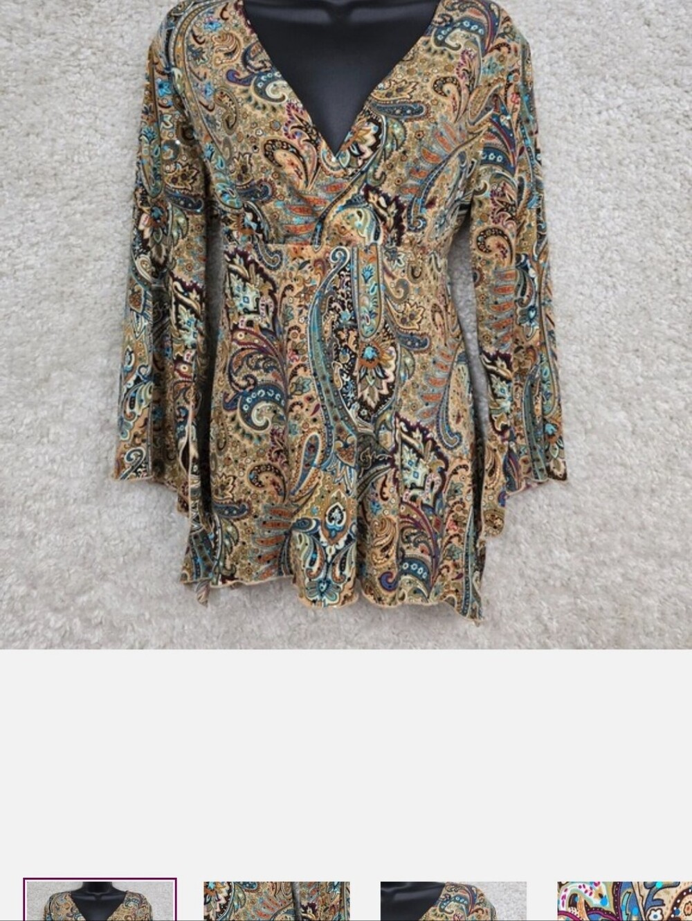 Vintage Dressbarn Womens Paisley Bell Sleeve Tie Back Top Size Large Boho Y2K